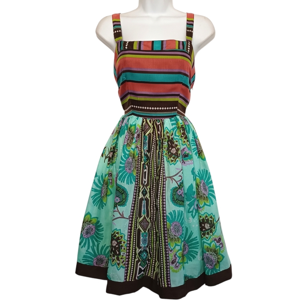 DIMRI Colorful Floral Stripe Print Sleeveless A-Line Fit & Flare Dress Large